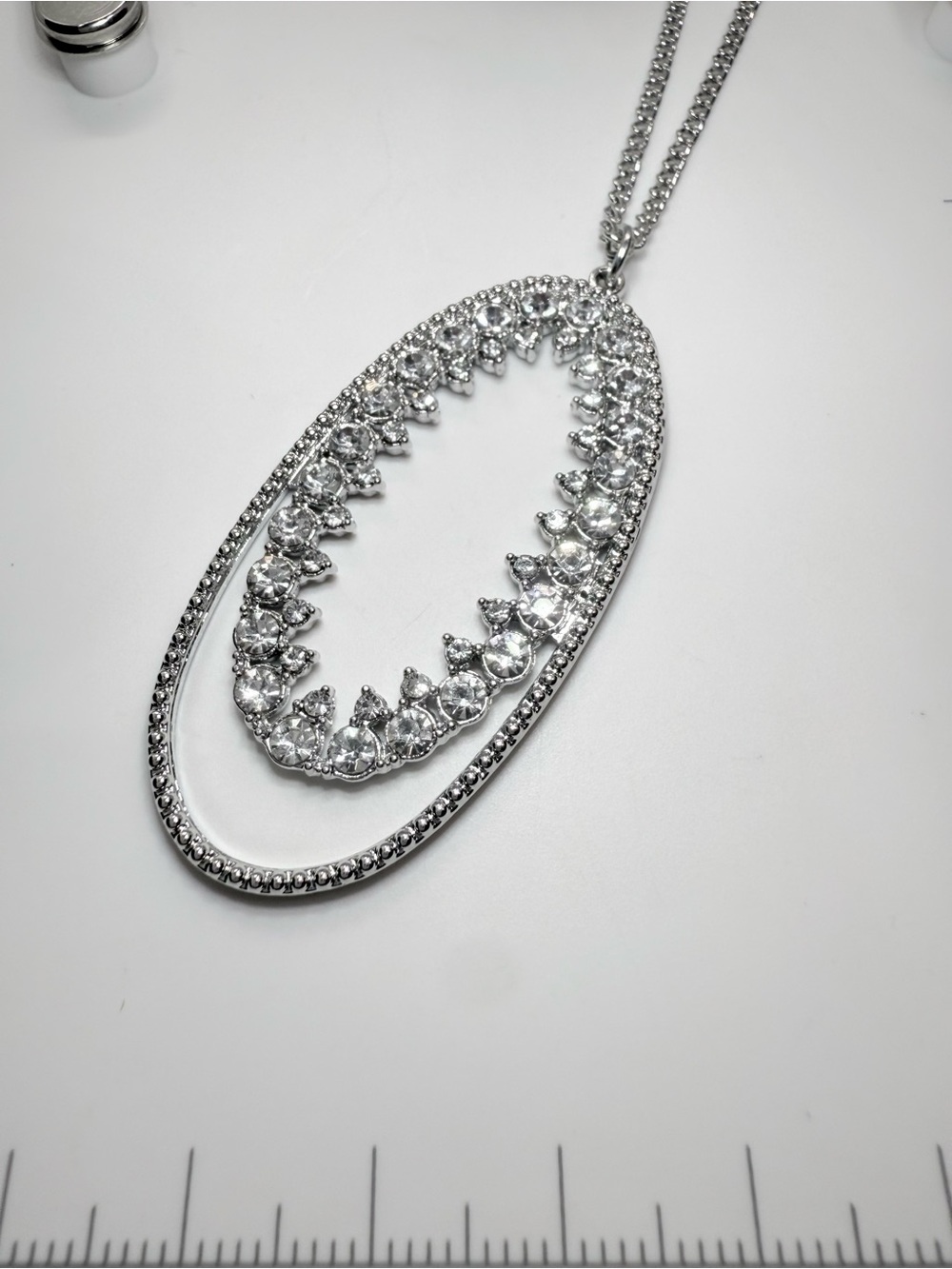 Oval Crystal Drop Necklace in Silver Tone